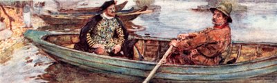Shakespeare med en vannmann blir rodd nedover Themsen, London av after William Hatherell