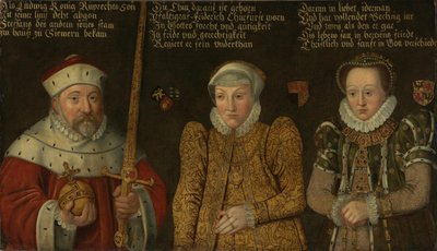 Portrett av kurfyrst Fredrik III av Pfalz (1515–1576) med konene Maria av Brandenburg-Kulmbach og Amalia av Neuenar av anonymous 