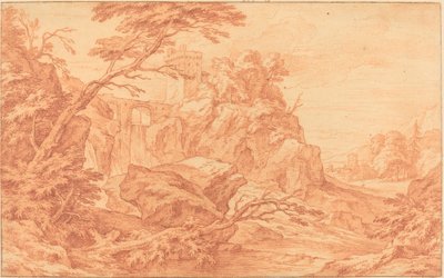 Et steinete landskap med et steintårn og en foss av attributed to Adriaen Frans Boudewyns