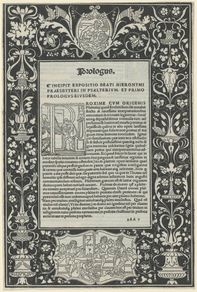 En hvit linjekant med to kartusjer: "A Satyr Sacrificing a Ram" og "The Choice of Hercules" av attributed to Benedetto Bordon