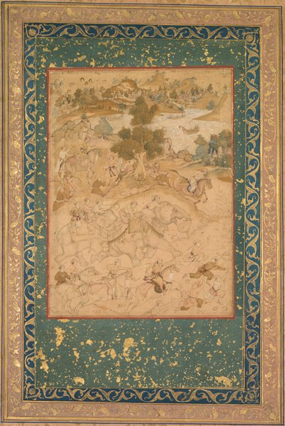 Akbar overvåker fangsten av ville elefanter ved Malwa i 1564, og maler 90 fra en Akbar-nama (bok av Akbar) av Abu
