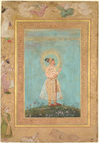 Shah Jahan holder en spinell og et langt Deccan-sverd, fra Late Shah Jahan Album av attributed to Hashim