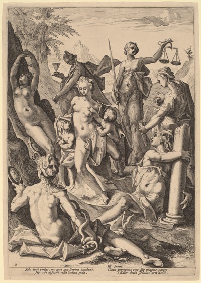 De syv dyder av attributed to Jacob Matham, after Hendrik Goltzius