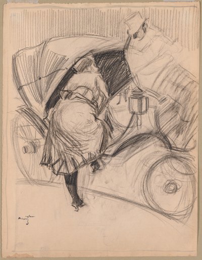 Kvinne går inn i en fiakker (recto) av attributed to Jean Louis Forain
