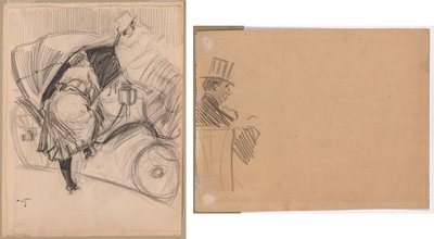 Kvinne går inn i en fiakker (recto); Høyre profil av mann med høy hatt (verso) av attributed to Jean Louis Forain
