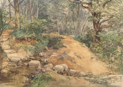 Skogsscene med en sti over en bekk av attributed to John Middleton