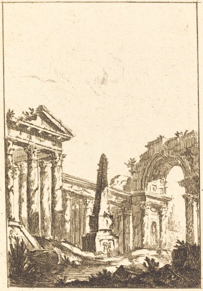 Capriccio med ruiner og en obelisk av attributed to Jérôme Charles Bellicard