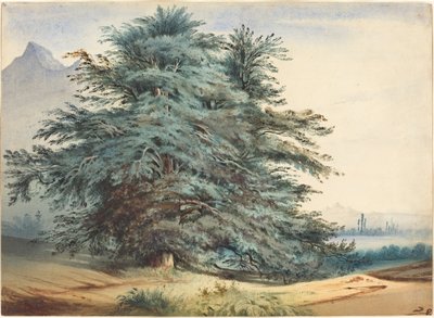To eldgamle trær før en fjelltopp av attributed to Jules Dupré