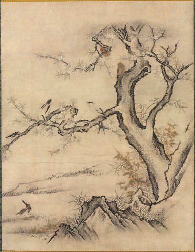 Blomster og fugler i et vårlandskap av attributed to Kano Motonobu