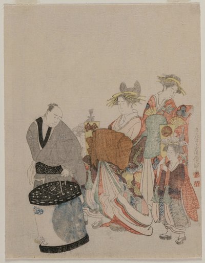 Courtesane på byen med ledsagere om natten av attributed to Kubo Shunman
