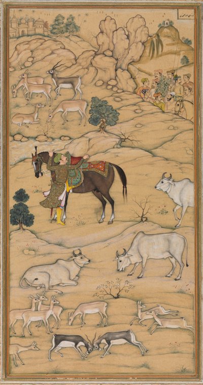 Akbar monterer sin hest; side fra Chester Beatty Akbar Nama (Akbars historie) av attributed to Sur Das Gujarati