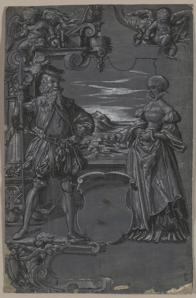 Design for glassmaleri: mann og kvinne i arkitektoniske omgivelser av attributed to Tobias Stimmer