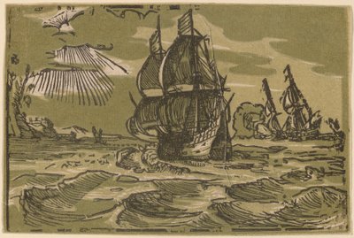 To tremesterskip utenfor en kystlinje av attributed to workshop of Willem Jansz. Blaeu