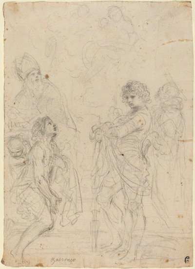 Madonna og barn med de hellige Gimignano, døperen Johannes, George og Peter Martyr av called Guercino Giovanni Francesco Barbieri