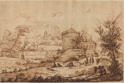 Landskap med festning og elv av called Guercino after Giovanni Francesco Barbieri