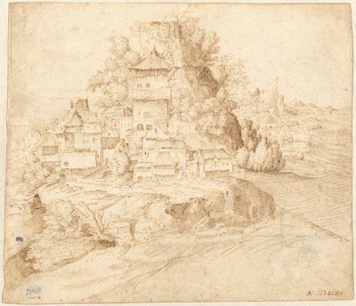 En landsby som ligger ved foten av en høyde (recto) av circle of Giorgione