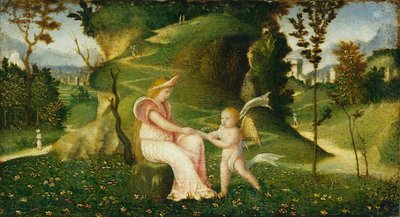 Venus og Amor i et landskap av circle of Giorgione