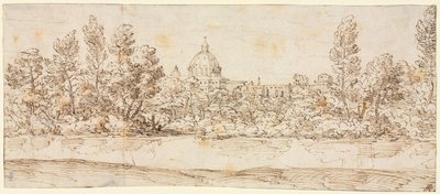 Elvelandskap med utsikt over Peterskirken av circle of Giovanni Francesco Grimaldi