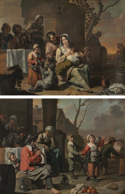 Vintage scene og bondebarn som danser (malepar) av circle of Le Nain