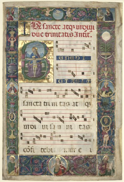 The Trinity: Leaf from a Gradual med initial B av circle of Perugino