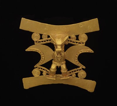 Anheng som viser en figur med flaggermuslignende maske, sen periode V - periode VI, ca. 700-1550 (gull) av culture Diquis
