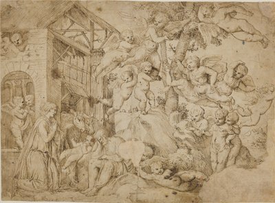 The Adoration of the Christ Child med et kor av putti av dall