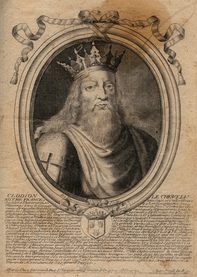 Clodion dit “” Le Chevelu”” (428-448), stamfar til merovingerne, sjef for Salians Francs - Clodion The Hairy (ca. 428-47) konge av en stamme av de saliske frankerne - gravering fra 