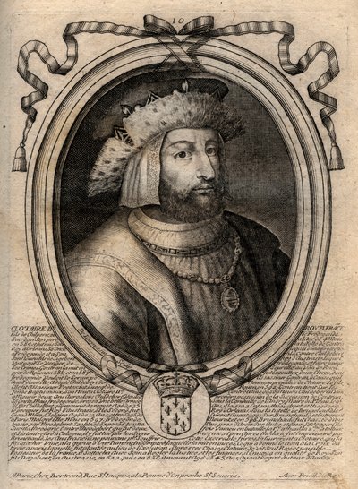 Portrett av Clotaire (Clothaire) II (584 - 628), konge av Neustria og konge av frankerne - Clotaire eller Chlotar II (d.629) Frankenes konge - gravering fra 'Les Augustes Representations de tous les Kings de France fra Pharamond til Louis XIV', Par av de Larmessin
