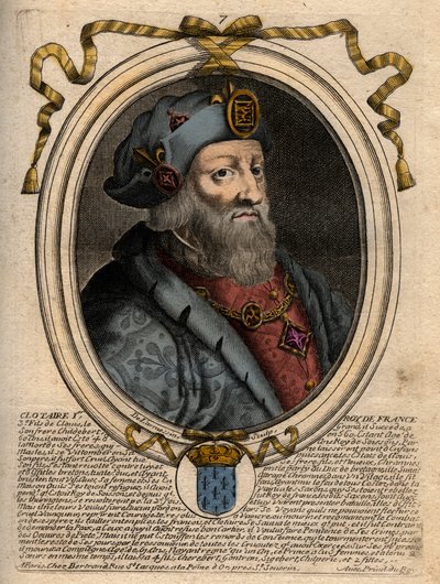 Portrett av Clotaire (Clothaire) I (497-561), konge av Neustria og konge av frankerne - Clothar I, konge av frankerne - gravering fra 
