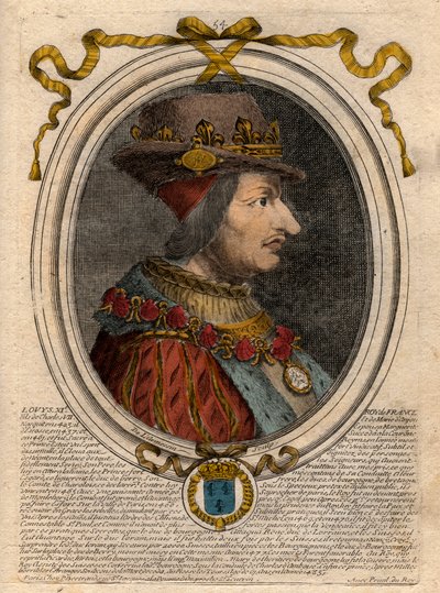 Portrett av Louis XI (1423-1483), konge av Frankrike - Portrett av Louis XI av Frankrike (1423-1483), konge av Frankrike - gravering fra 'Les Augustes Representations de tous les Kings de France fra Pharamond til Louis XIV', Paris av de Larmessin