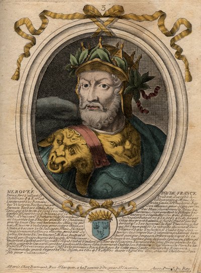 Portrett av Merovee eller Merovech, frankkonge (v448-v458), første konge av den merovingerske rase - Portrett av Merovech (Meroveus) (d456) Kongen av de saliske frankerne - gravering fra 