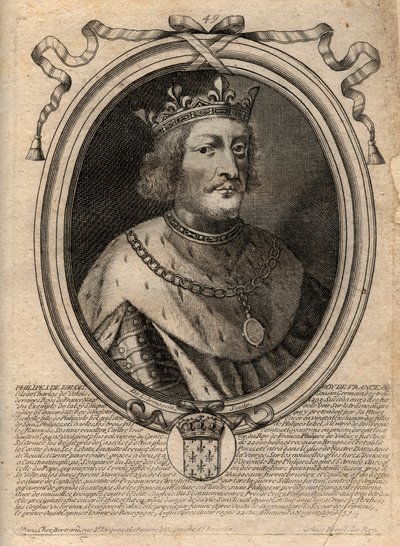 Portrett av Philippe VI av Valois (1294 - 1350), konge av Frankrike - Filip VI av Valois (1293-1350) Konge av Frankrike - gravering fra 'Les Augustes Representations de tous les Kings de France fra Pharamond til Louis XIV', Paris av de Larmessin