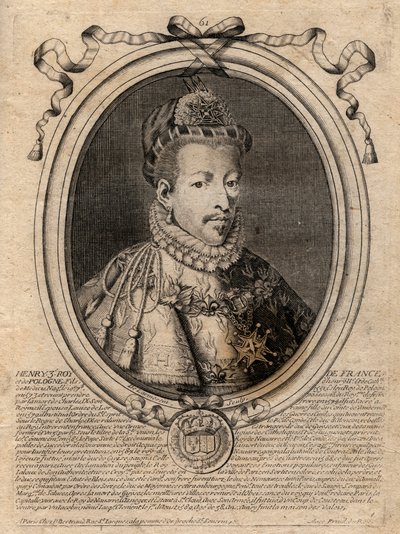 Portrett av kongen av Frankrike Henry III (1551-1589) - Portrett av Henrik III (1551-89) konge av Frankrike - gravering fra 'Les Augustes Representations de tous les Kings de France fra Pharamond til Louis XIV', Paris av de Larmessin