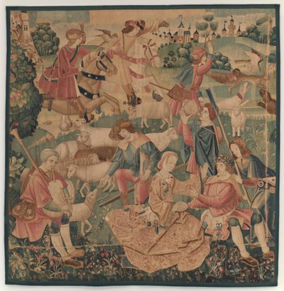 Jakt og pastorale scener, med en omkranset helt mellom damer av design probably French 16th Century, Paris; woven in southern Netherlands or Paris in an undetermine workshop