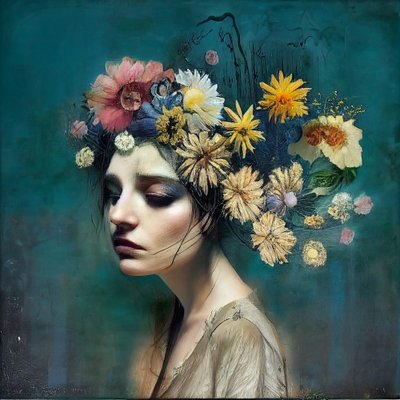Vakker jente med blomster, abstrakt maleri, veggkunst | Lerretstrykk av F. Abderrahim