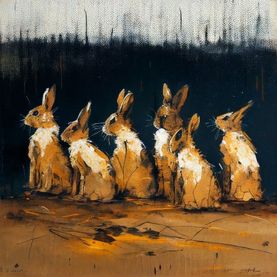 Kaniner maler med figurativ stil, veggkunsttrykk av F. Abderrahim