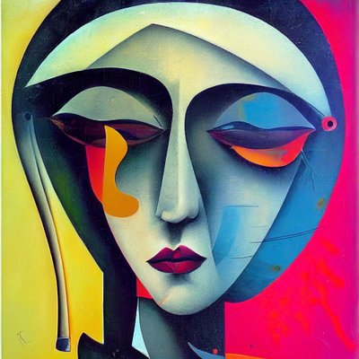 Trist kvinneansikt i abstrakt figurativ malerkunst, veggkunst | Lerretstrykk av F. Abderrahim