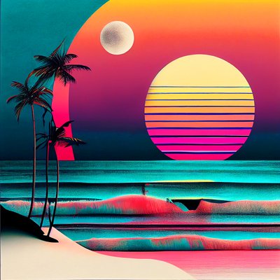 Solnedgang over stranden og palmer, veggkunst | Lerretstrykk av F. Abderrahim