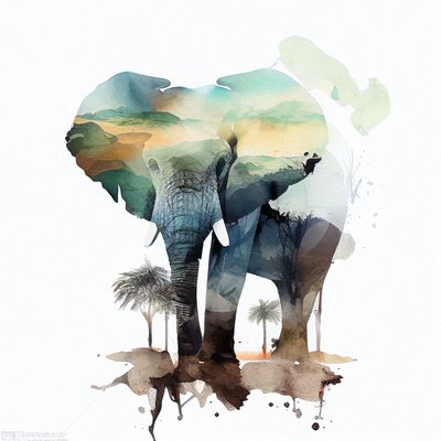 Akvarell elefant og afrikansk savannemaleri, veggkunsttrykk av F. Abderrahim
