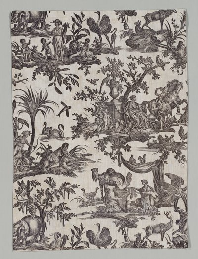 Fragment av Copperplate Printed Cotton med "Les quatres parties du monde" Design av firm of Christophe Philippe Oberkampf