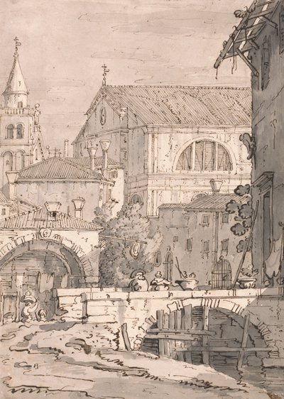 Venetiansk fantasi av imitator of Canaletto