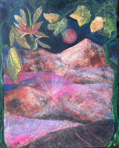 Rosa måne over Sierra Nevada, 2025 (olje på lerret) av jocasta shakespeare