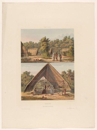 Leir av Arawak Surinam. En Arowakka indisk leir (tittel på objekt) av jonkheer Jacob Eduard van Heemskerck