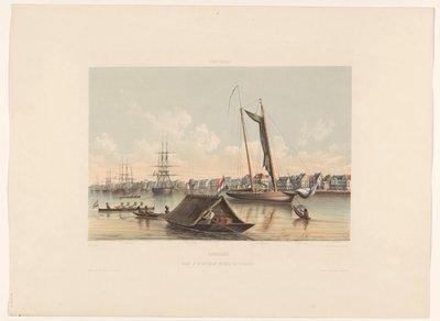 Vannkant og vei i Paramaribo Surinam. Utsikt over Waterkant og Roadstead av Paramaribo (tittel på objekt) av jonkheer Jacob Eduard van Heemskerck