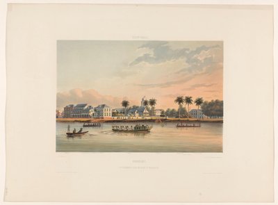 Vannkant med guvernørhuset i Paramaribo Surinam. Regjeringshus og torg i Paramaribo (tittel på objekt) av jonkheer Jacob Eduard van Heemskerck
