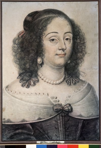 ""Portrait Of A Woman"" Dette er sannsynligvis dronning av England Henriette Marie (1609-1669). Krittegning av Daniel Dumoustier (eller Dumonstier) (1574-1646) 1640 Pushkin-museet, Moskva av or Dumoustier Daniel Dumonstier