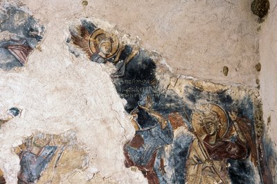 Engel og helgen, detalj fra freskomaleri i kirken Agios Georgios Apodoulou, Apodoulou, Kreta, Hellas (bilde) av Theodore Charles Ange Coquelin