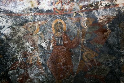 Kristus med engler og helgen, freskomaleri i kirken Panagia, Kitiros, Kreta, Hellas (bilde) av Theodore Charles Ange Coquelin