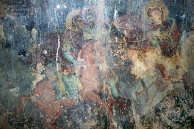 Hellige på hesteryggen, freskomaleri i den bysantinske kirken Agios Athanasios, Kefali, Kreta, Hellas (bilde) av Theodore Charles Ange Coquelin