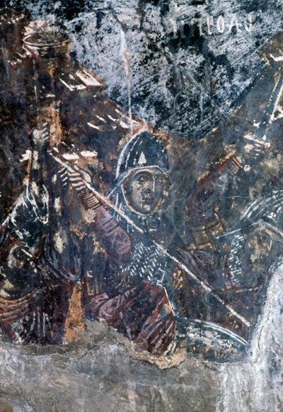 Soldat, skadet freskomaleri i taket til kirken Agios Vasileios, Vavouledo, Kreta, Hellas (bilde) av Theodore Charles Ange Coquelin
